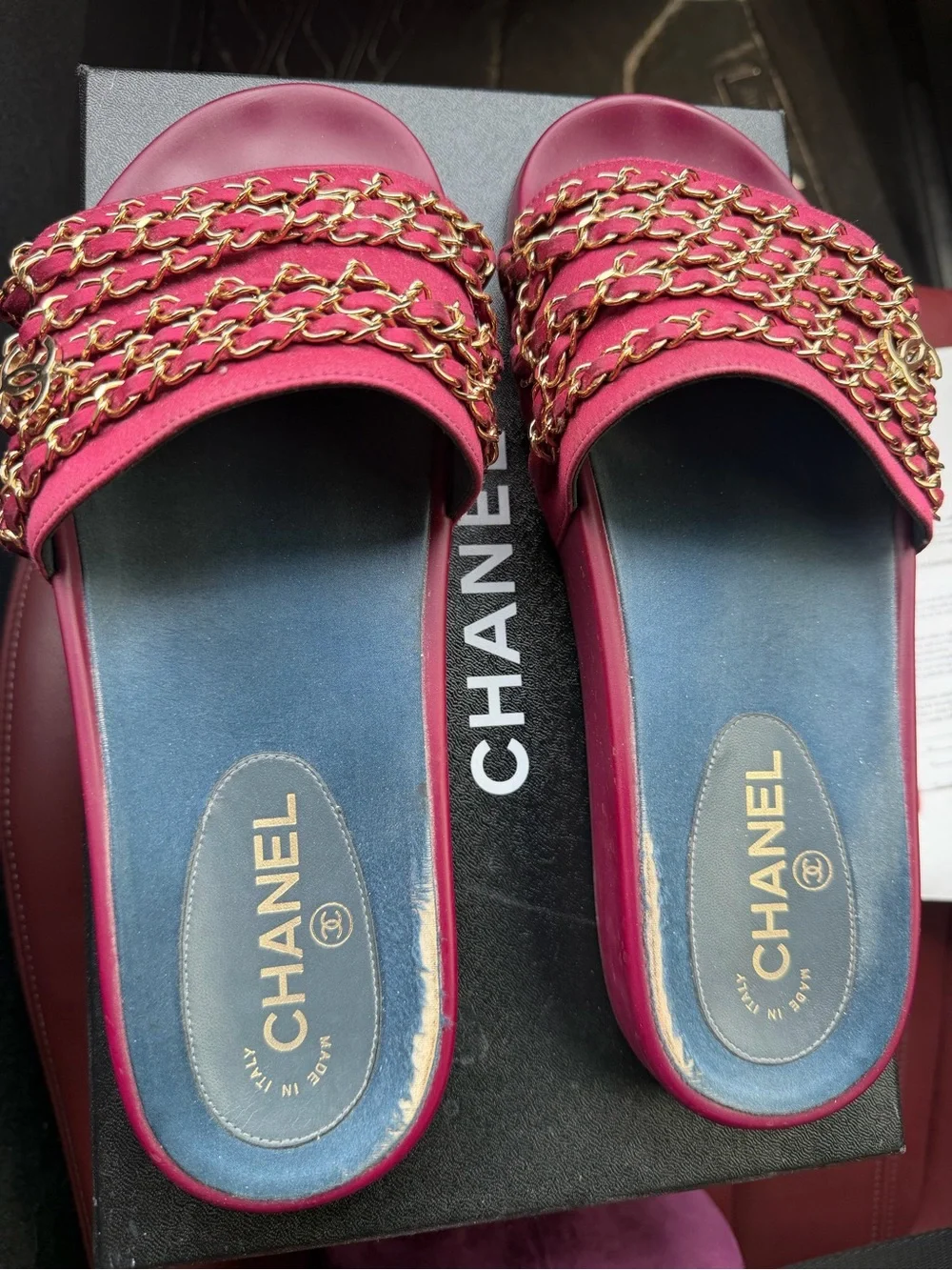 CHANEL Pink Leather Slide Mules with Gold Chain Trim